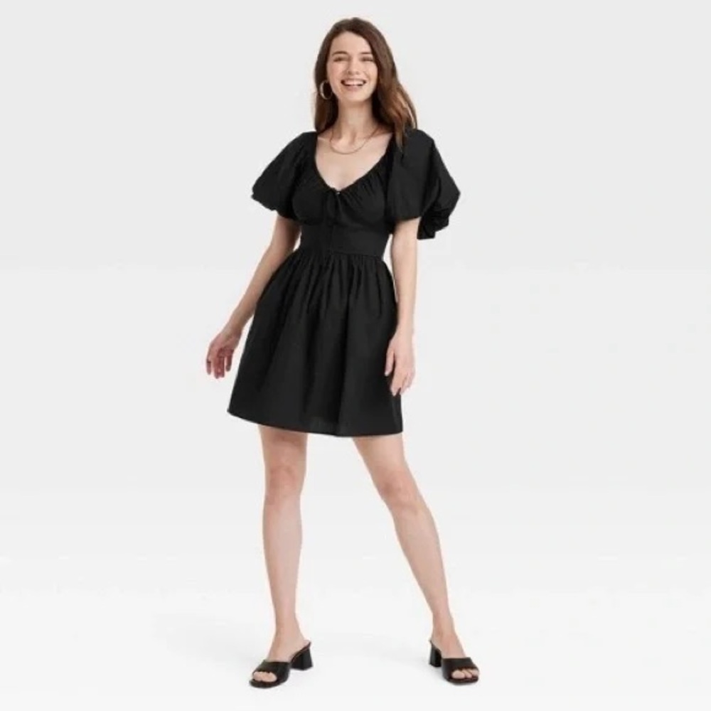 Black puff sleeve mini dress